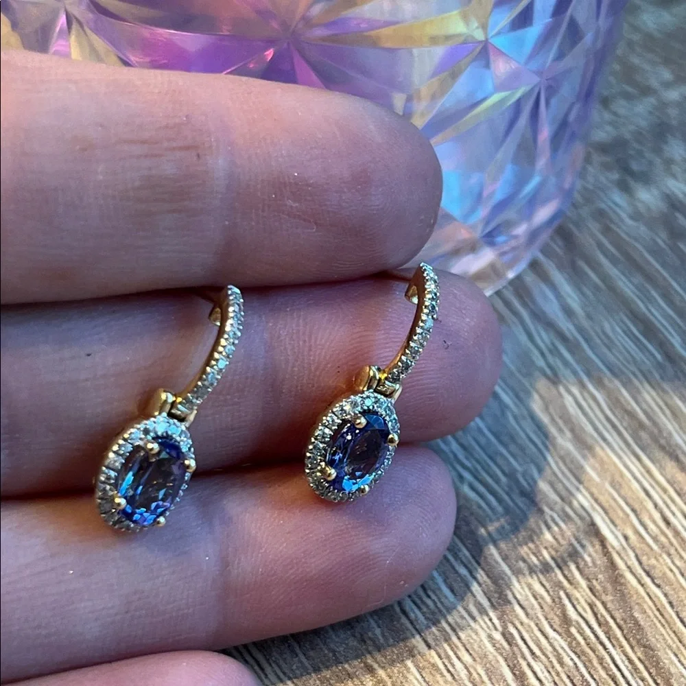14k Gold diamond tanzanite Drop Earrings. Oval Gemstones with diamond Pavé Halos - Picture 7 of 13